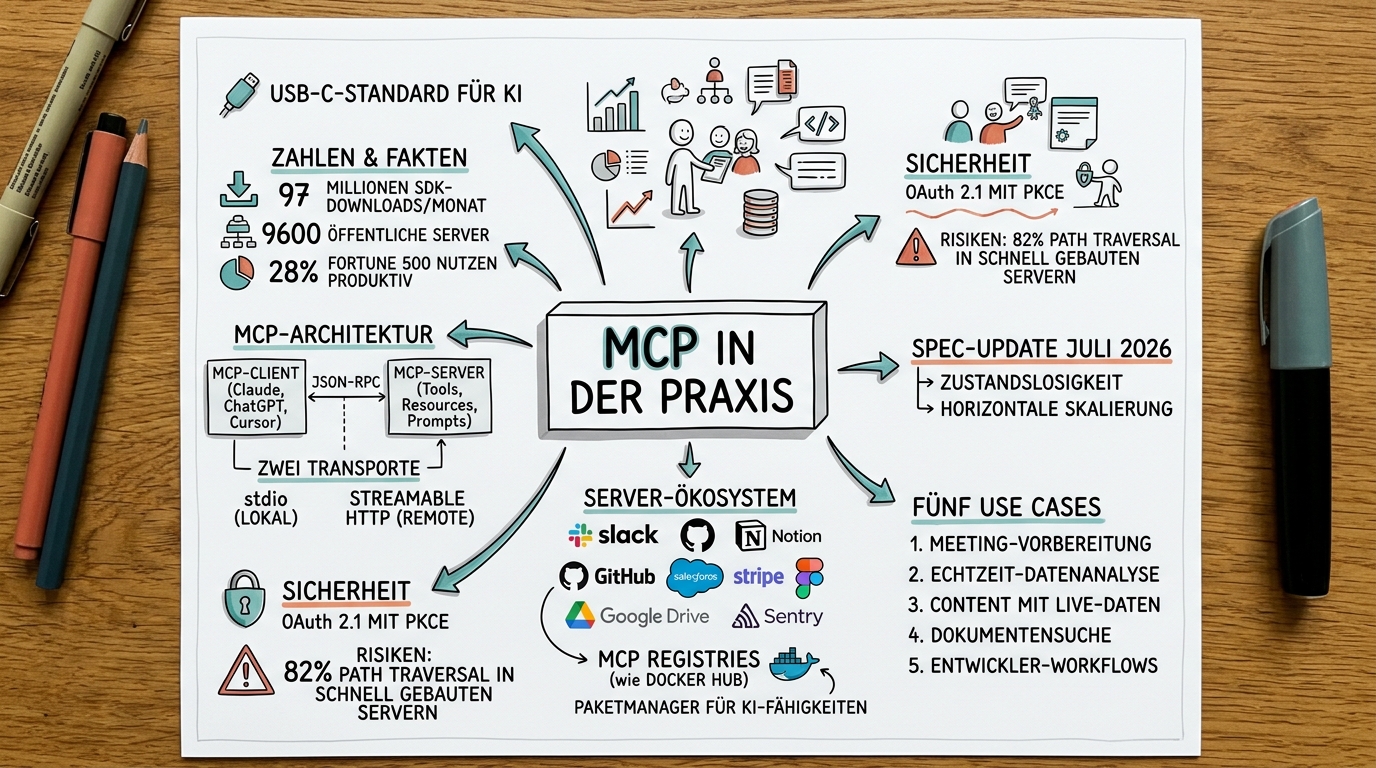 Sketchnote zum Kurs MCP in der Praxis: KI mit deinen Tools verbinden