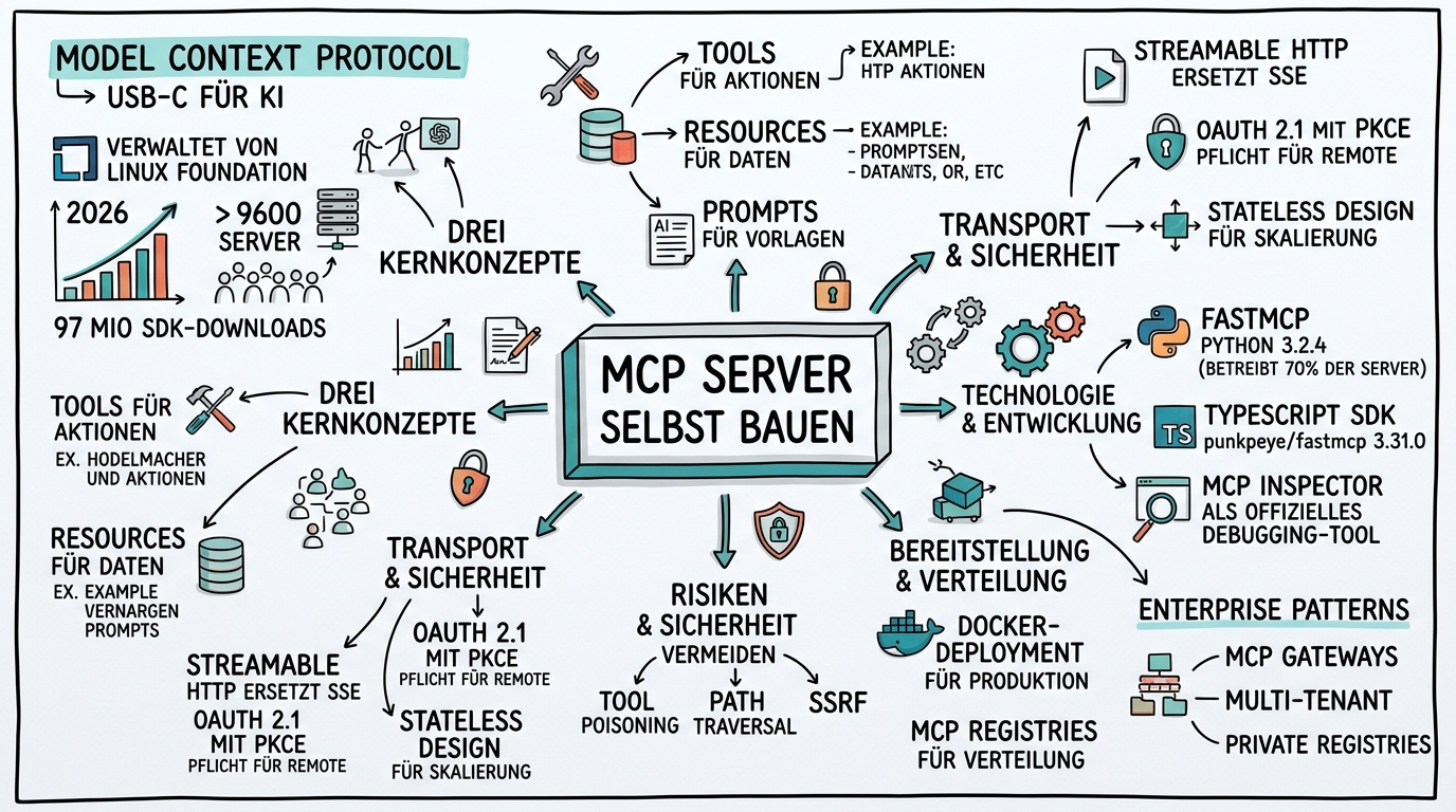 Sketchnote zum Kurs MCP Server selbst bauen: Eigene KI-Integrationen entwickeln