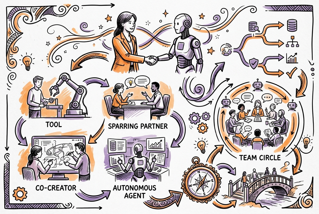 Sketchnote zum Kurs Mensch-KI-Kollaboration als Führungskompetenz: Teams, Entscheidungen und Verantwortung im KI-Zeitalter