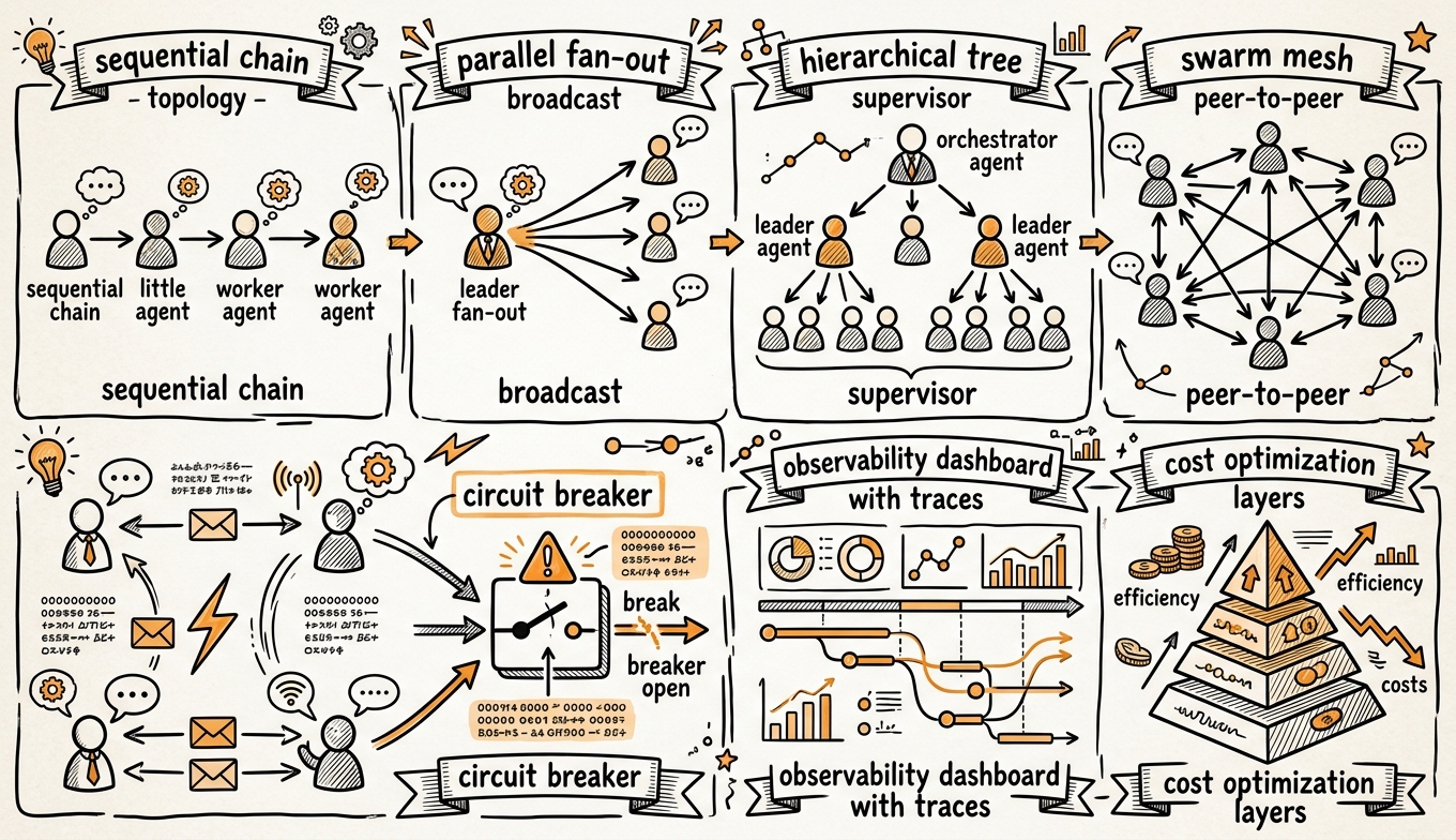 Sketchnote zum Kurs Multi-Agent-Orchestrierung in Produktion: Skalierbare KI-Systeme mit mehreren Agenten