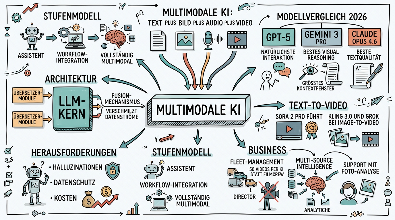 Sketchnote zum Kurs Multimodale KI in der Praxis: Text, Bild, Audio und Video intelligent verbinden