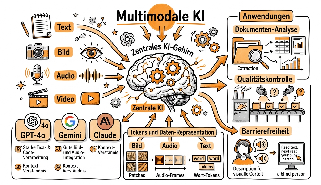 Sketchnote zum Kurs Multimodale KI verstehen: Wie moderne Modelle Text, Bild, Audio und Video verarbeiten