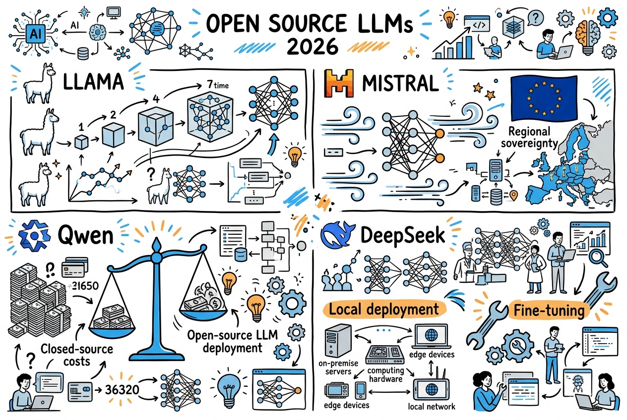 Sketchnote zum Kurs Open-Source-LLMs 2026: Llama 4, Mistral, Qwen und die offene KI-Revolution