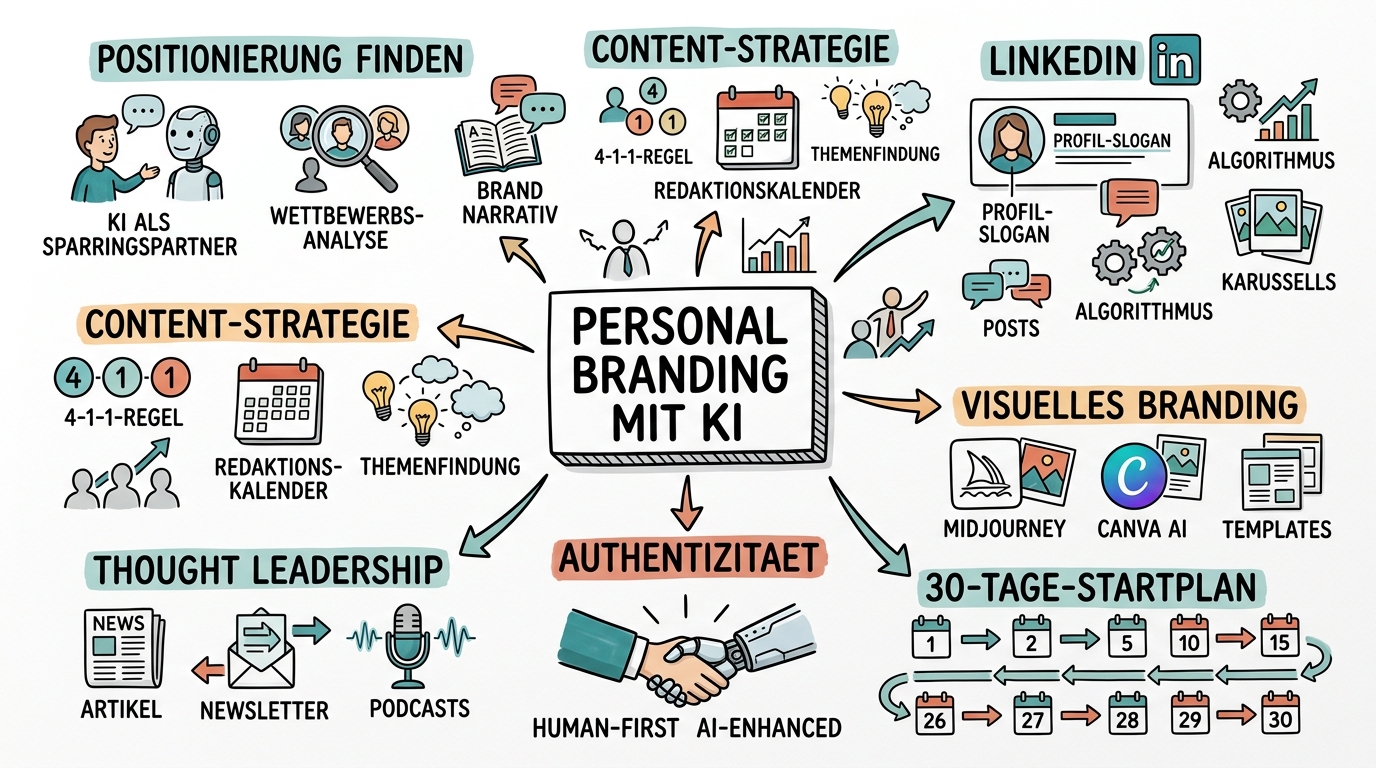 Sketchnote zum Kurs Personal Branding mit KI: Sichtbarkeit strategisch aufbauen