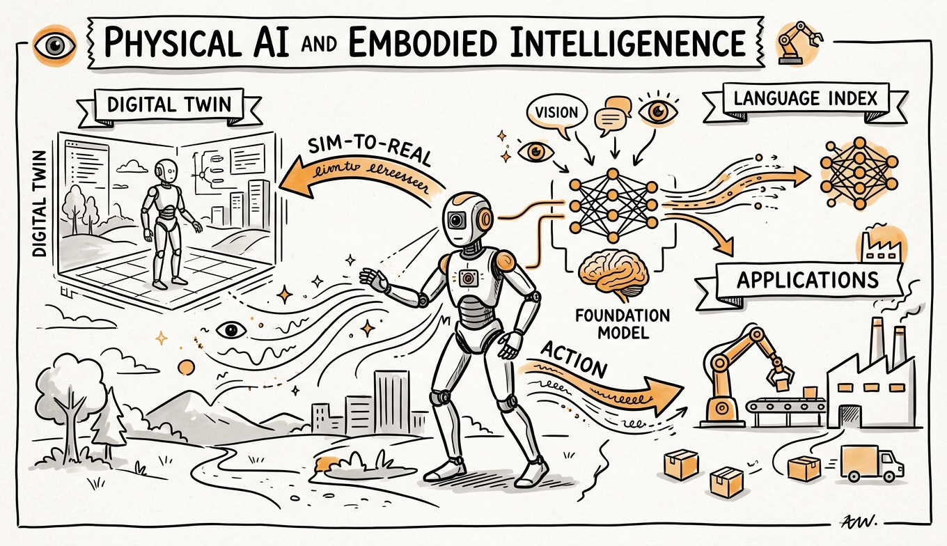 Sketchnote zum Kurs Physical AI und Embodied Intelligence: Wie KI-Modelle die physische Welt verstehen und steuern
