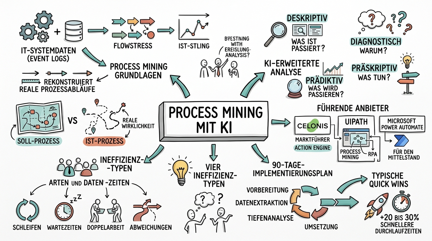 Sketchnote zum Kurs Process Mining mit KI: Geschäftsprozesse intelligent optimieren