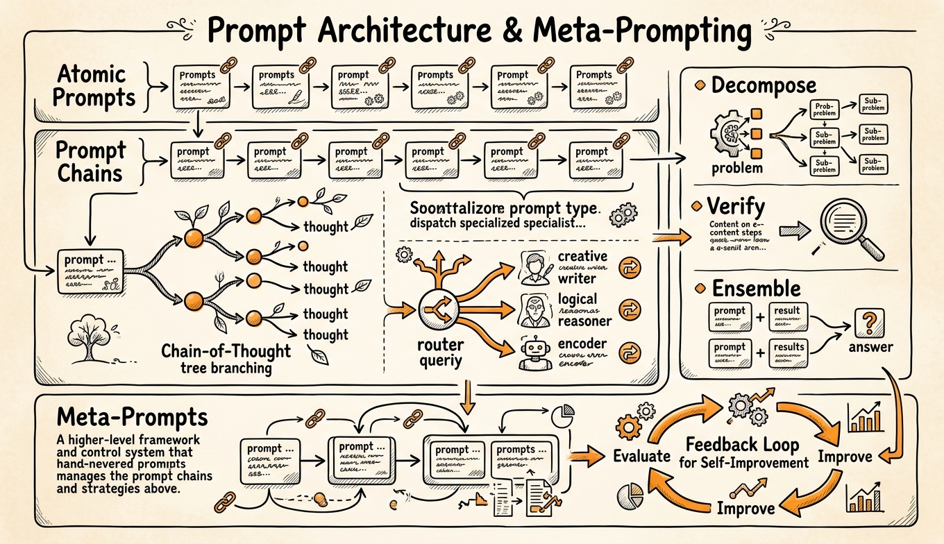 Sketchnote zum Kurs Prompt-Architekturen für Experten: Meta-Prompting, Reasoning-Ketten und autonome Prompt-Systeme
