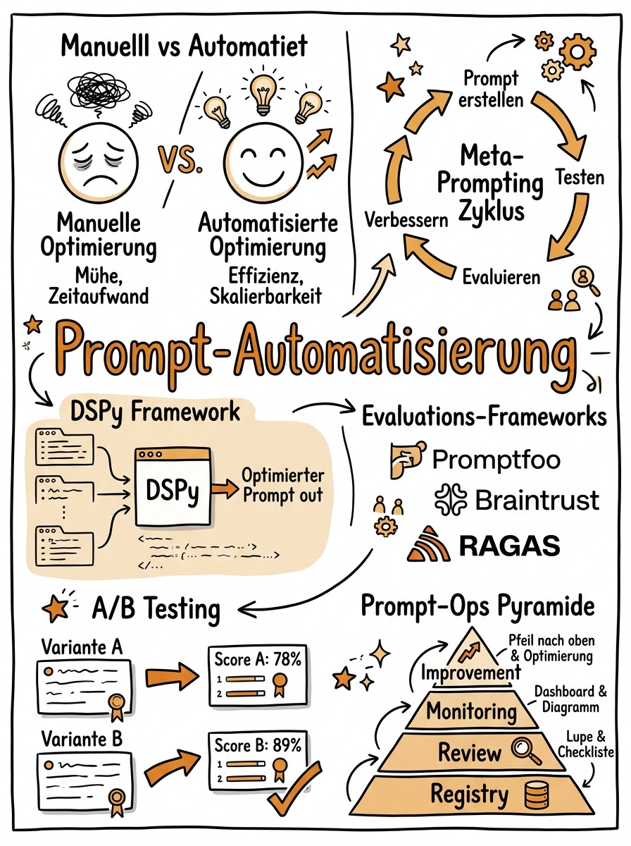 Sketchnote zum Kurs Prompt-Automatisierung: Meta-Prompting, DSPy und Eval-Frameworks