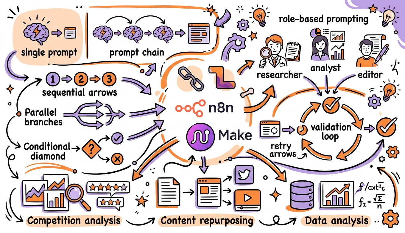 Sketchnote zum Kurs Prompt Chaining und KI-Workflows: Komplexe Aufgaben systematisch lösen