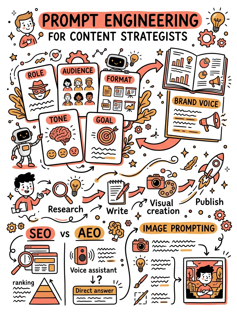 Sketchnote zum Kurs Prompt Engineering für Content-Strategen: Brand Voice, SEO und KI-Workflows