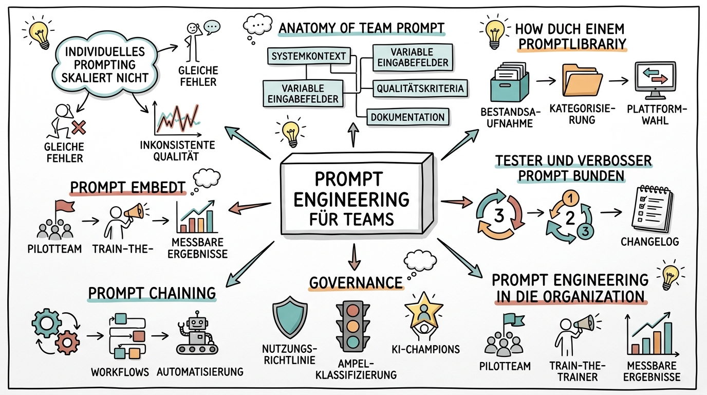 Sketchnote zum Kurs Prompt Engineering für Teams: KI-Nutzung im Unternehmen standardisieren