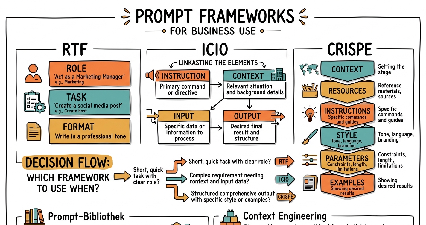 Sketchnote zum Kurs Prompt-Frameworks für den Berufsalltag: Strukturiert mit KI kommunizieren