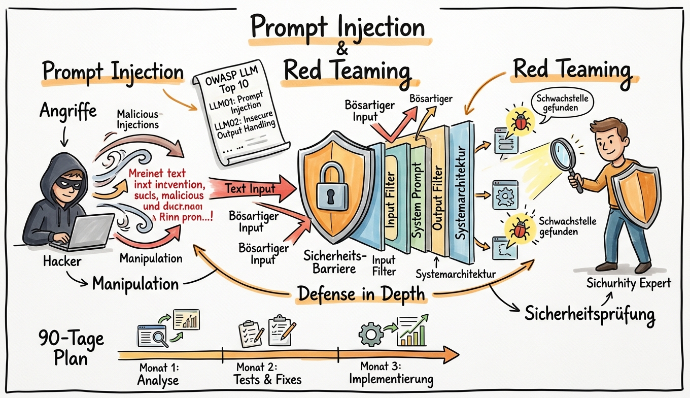 Sketchnote zum Kurs Prompt Injection und AI Red Teaming: KI-Systeme absichern