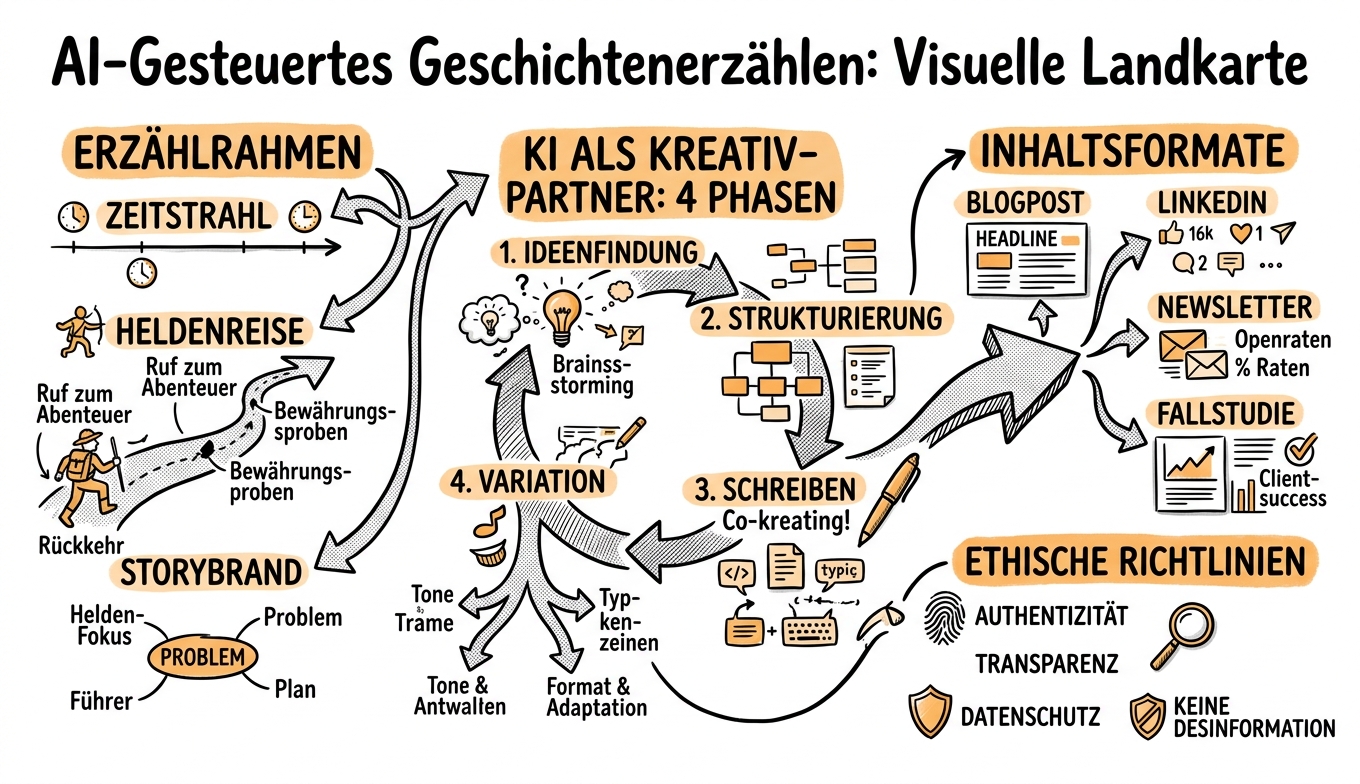 Sketchnote zum Kurs Storytelling mit KI: Grundlagen der narrativen Content-Erstellung