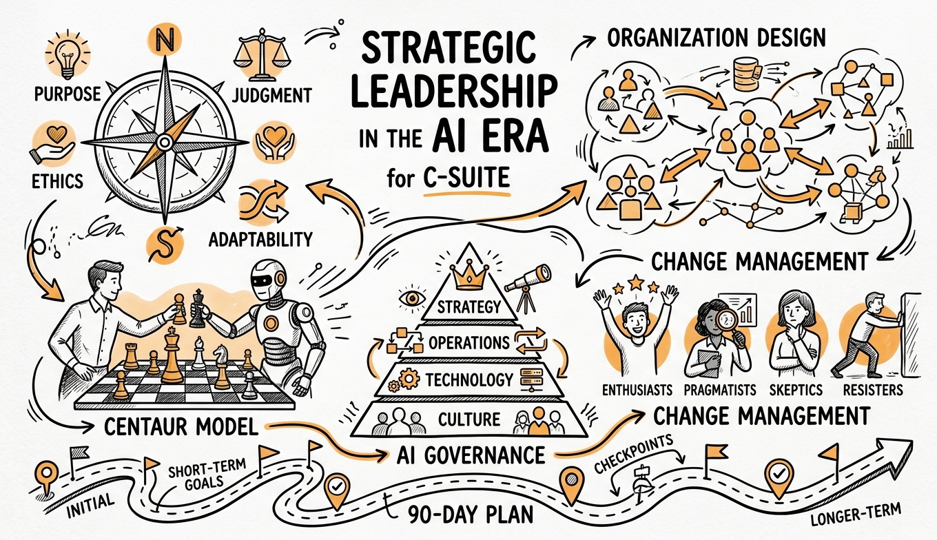 Sketchnote zum Kurs Strategische Führung im KI-Zeitalter: Entscheidungskompetenz, Organisationsdesign und Governance für die C-Suite