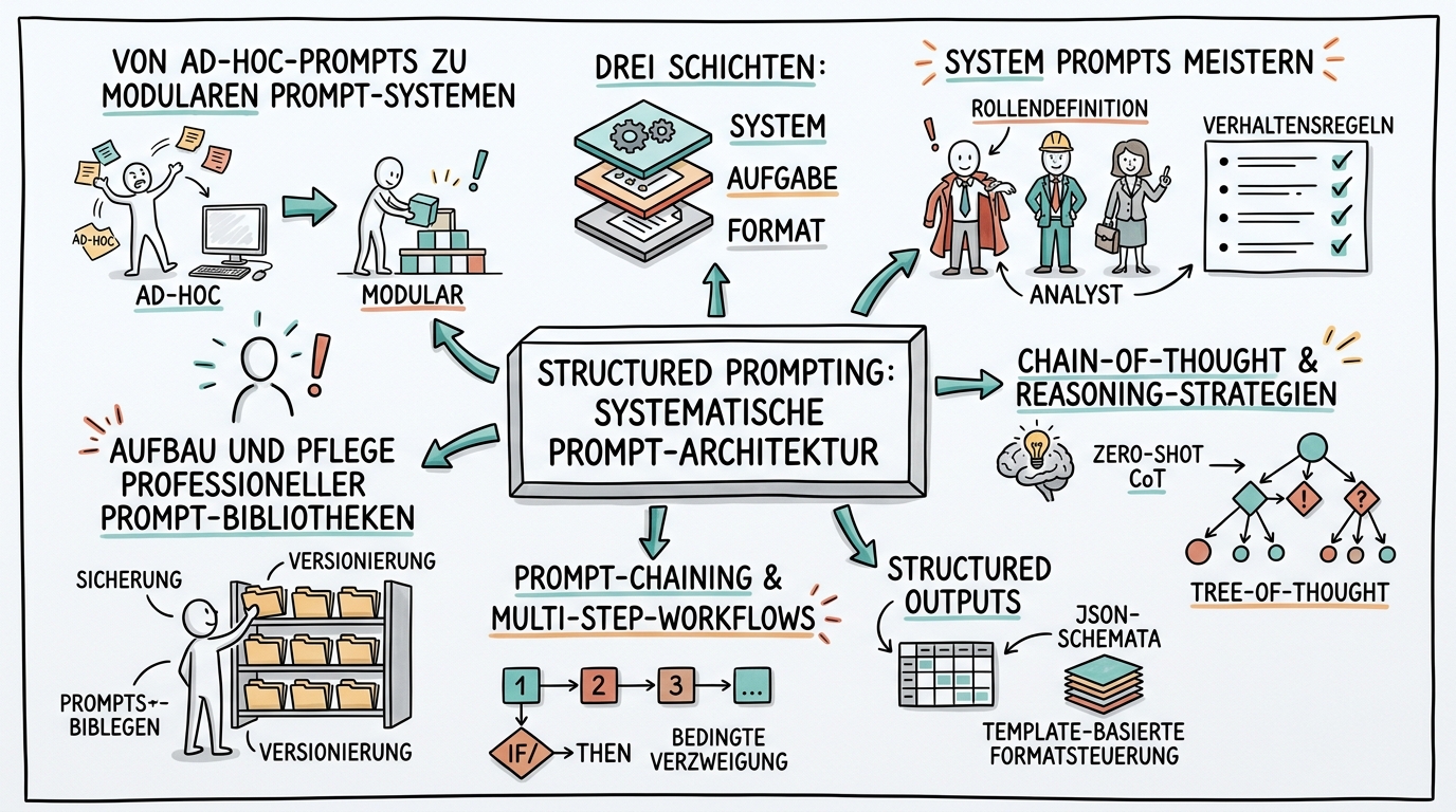 Sketchnote zum Kurs Structured Prompting: Systematische Prompt-Architektur