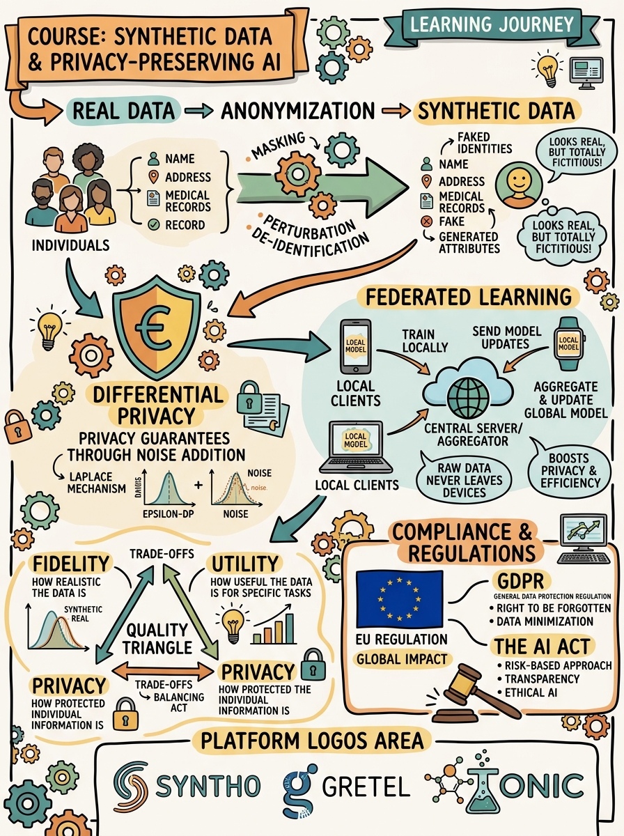 Sketchnote zum Kurs Synthetic Data und datenschutzkonforme KI-Entwicklung: Von der Theorie zur DSGVO-konformen Praxis