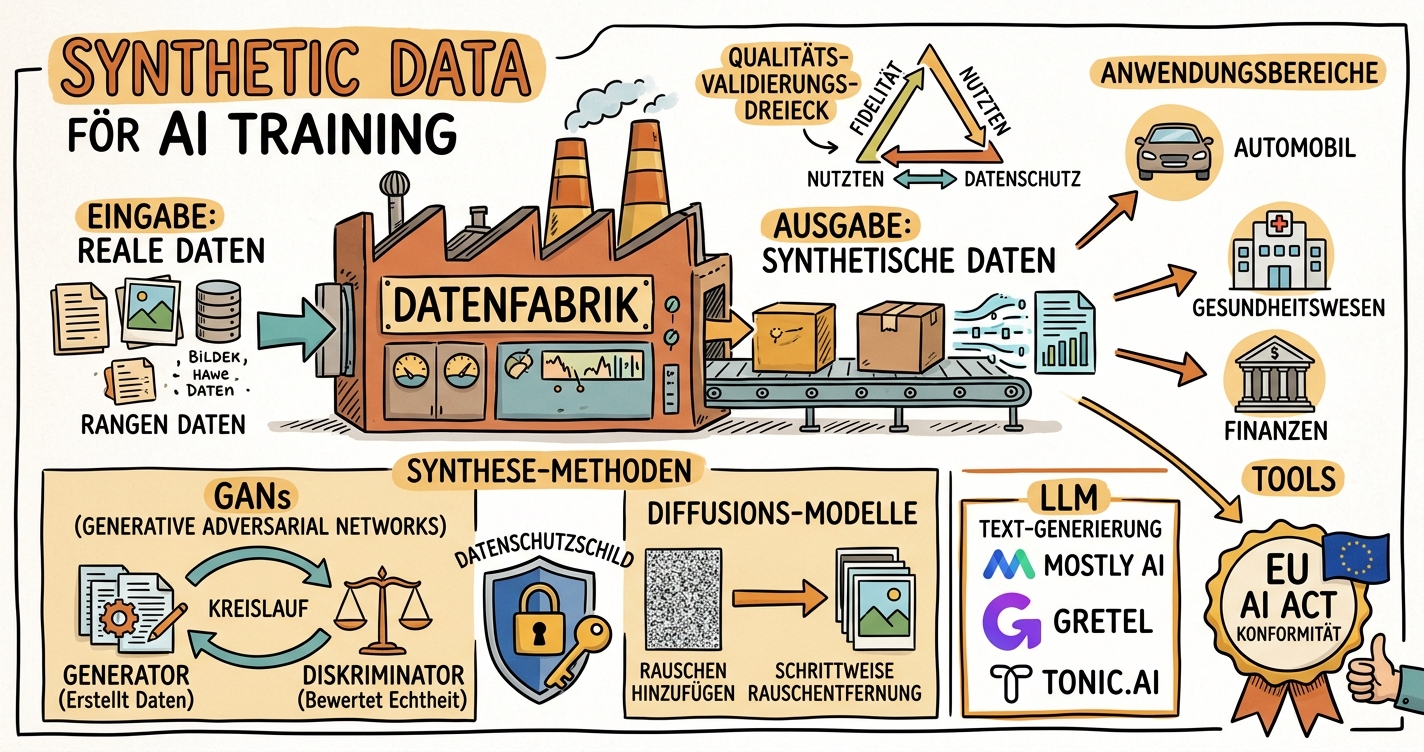Sketchnote zum Kurs Synthetische Daten: KI-Trainingsdaten strategisch erzeugen und einsetzen