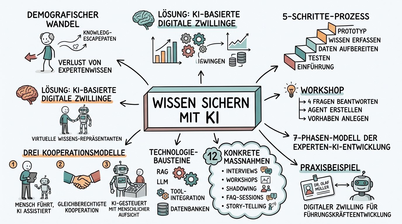 Sketchnote zum Kurs Wissen sichern: KI-gestützter Wissenstransfer im Unternehmen